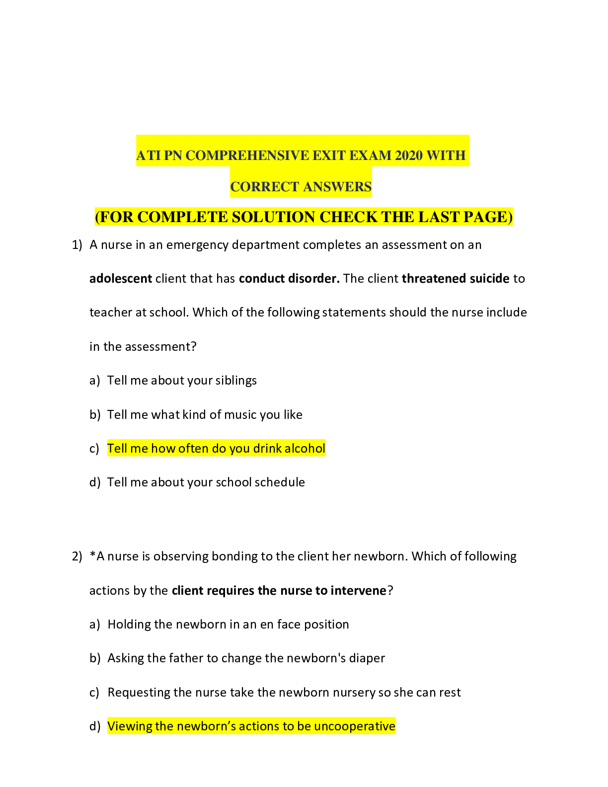 Preview image for ATI PN COMPREHENSIVE EXIT EXAM 2020 WITH CORRECT ANSWERS